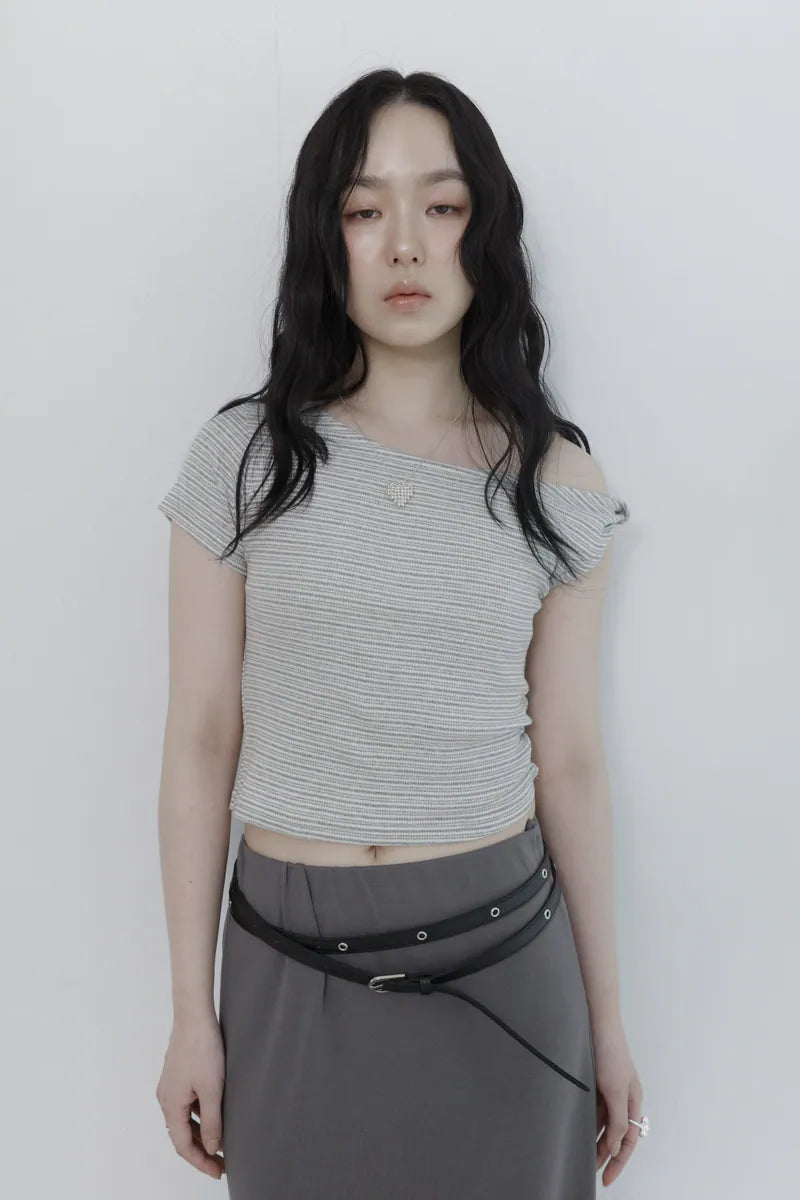 [madebylizzi] 扭結棉質側抓皺上衣-條紋灰