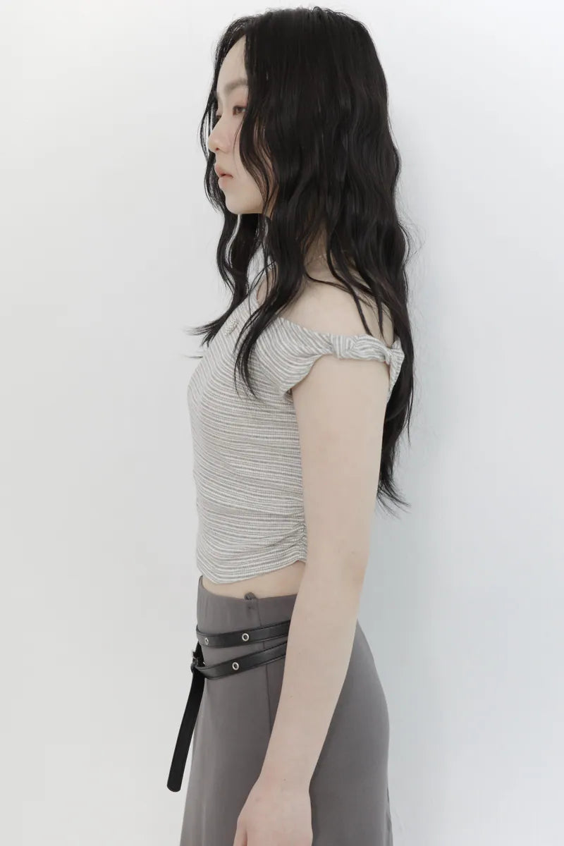 [madebylizzi] 扭結棉質側抓皺上衣-條紋灰