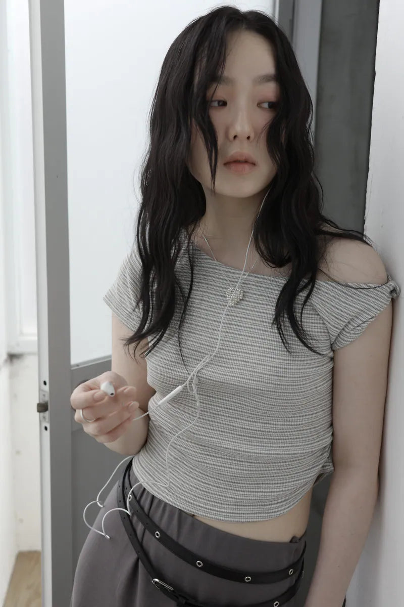 [madebylizzi] 扭結棉質側抓皺上衣-條紋灰
