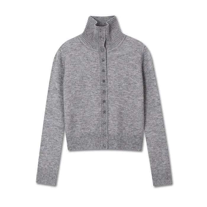 HIGH NECK BUTTON CARDIGAN MELANGE GREY