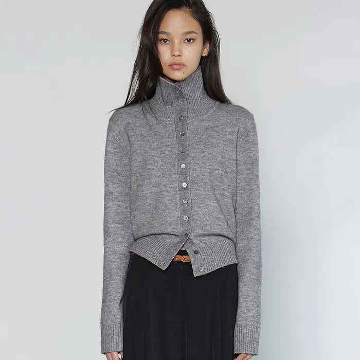 HIGH NECK BUTTON CARDIGAN MELANGE GREY