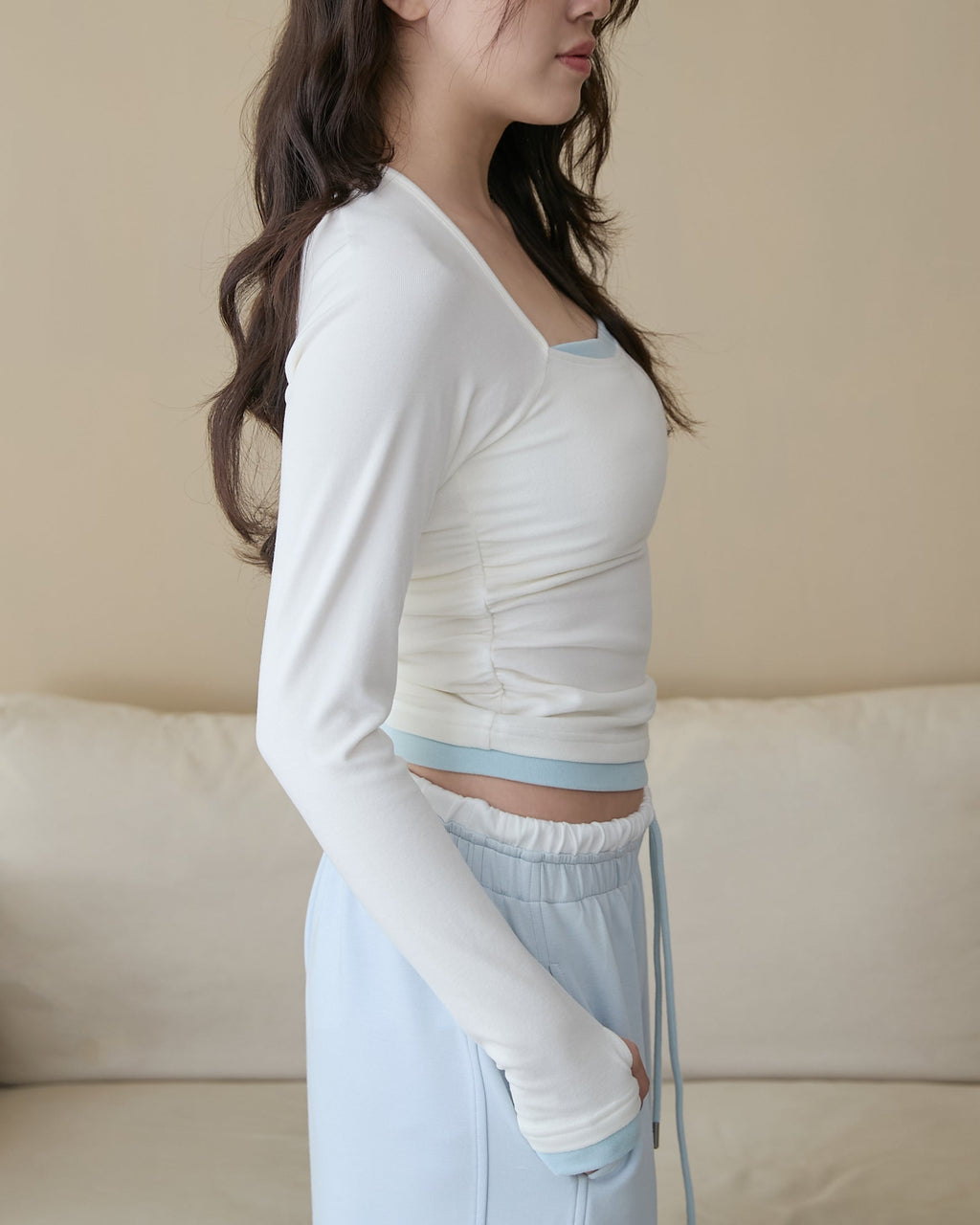 ’ sts ‘  側抽皺撞色假兩件Bra Top