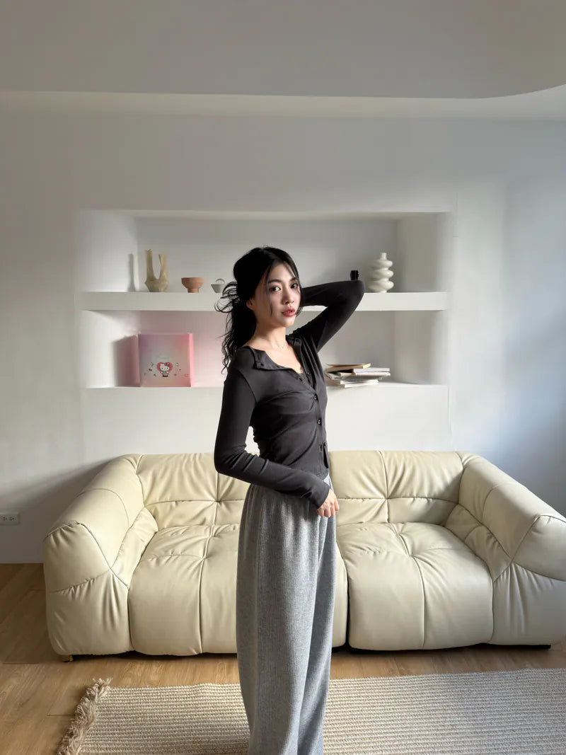 假兩件蕾絲圓領釦子上衣 - 灰