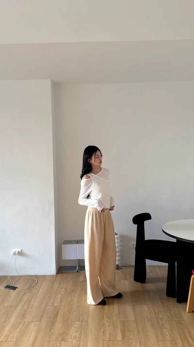 限量 坑條舒服褲 - 杏