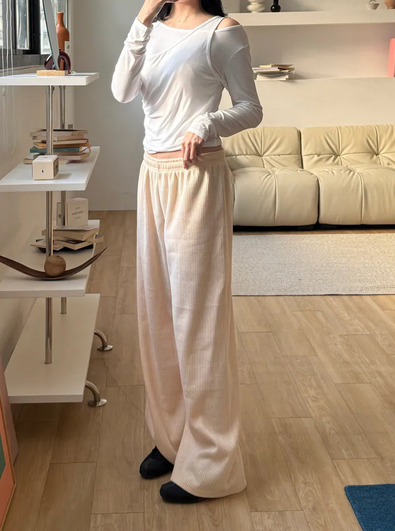 限量 坑條舒服褲 - 杏