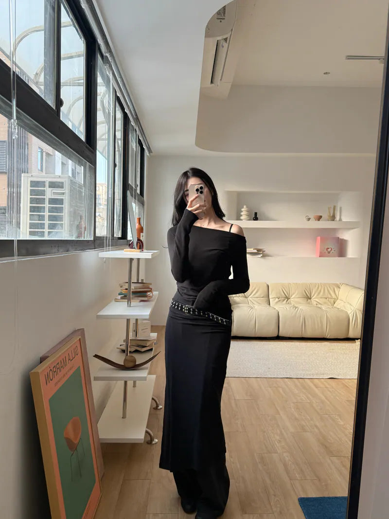 慵懶斜肩女人味洋裝 - 黑