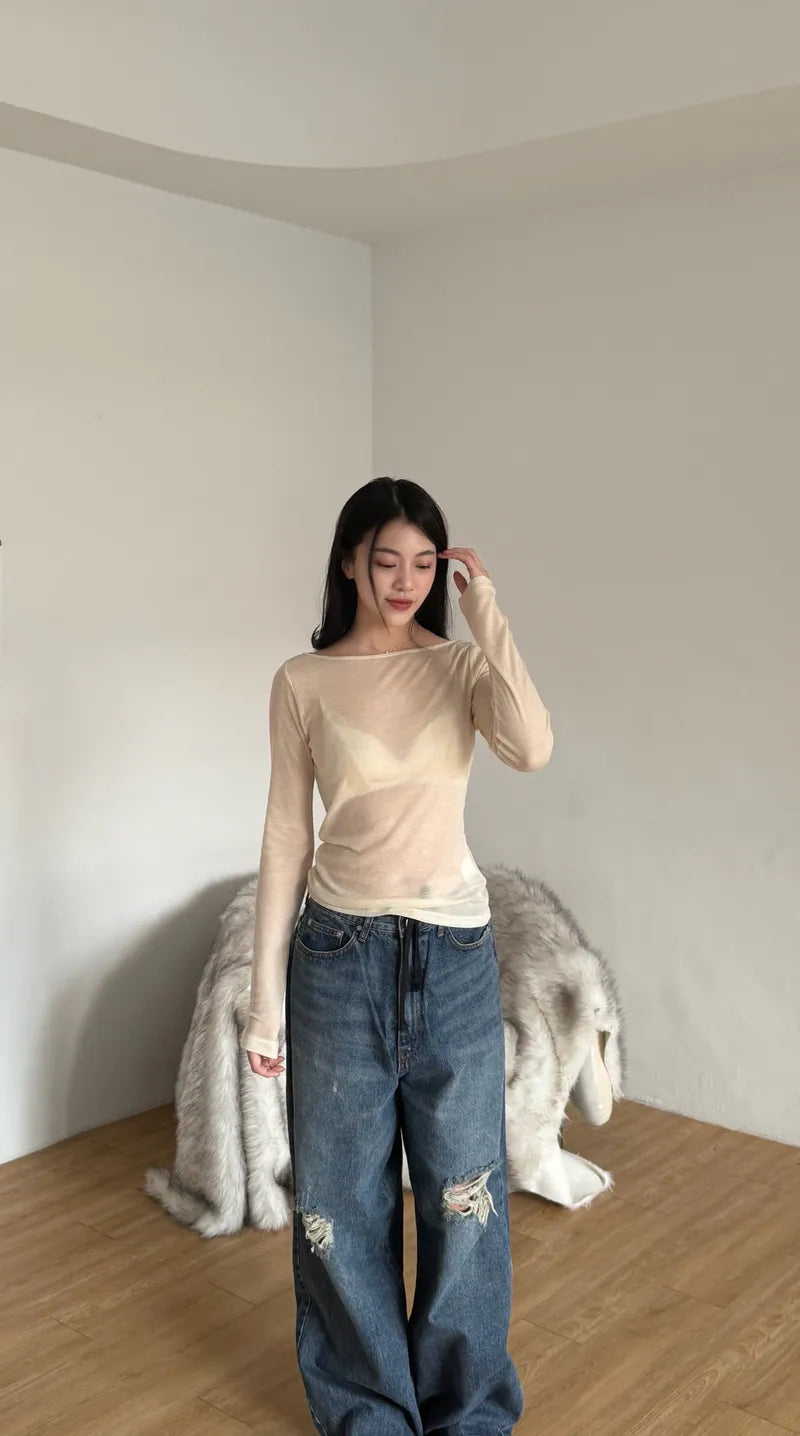 spring圓領打底上衣 - 奶油
