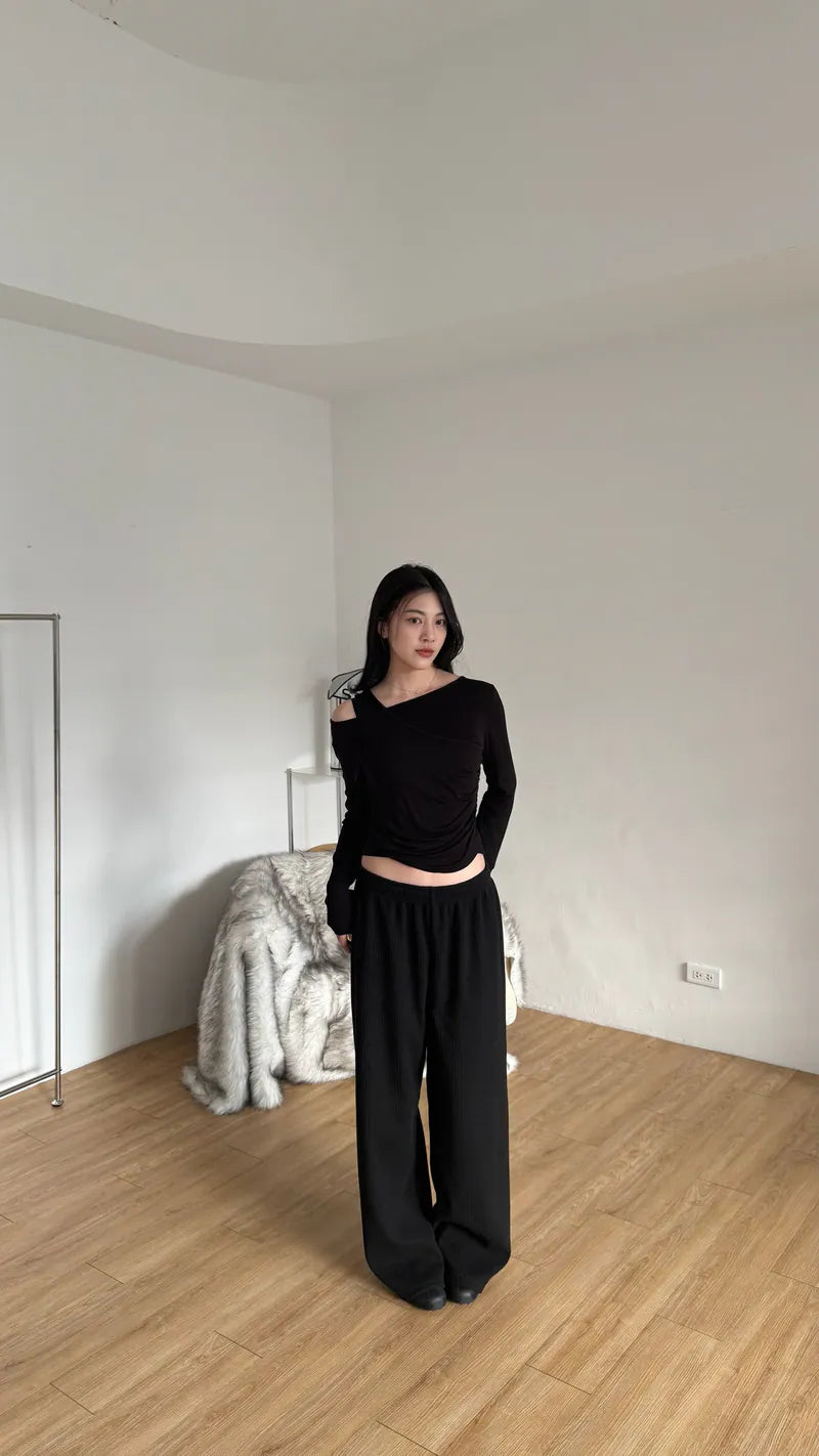 限量 坑條舒服褲 - 黑