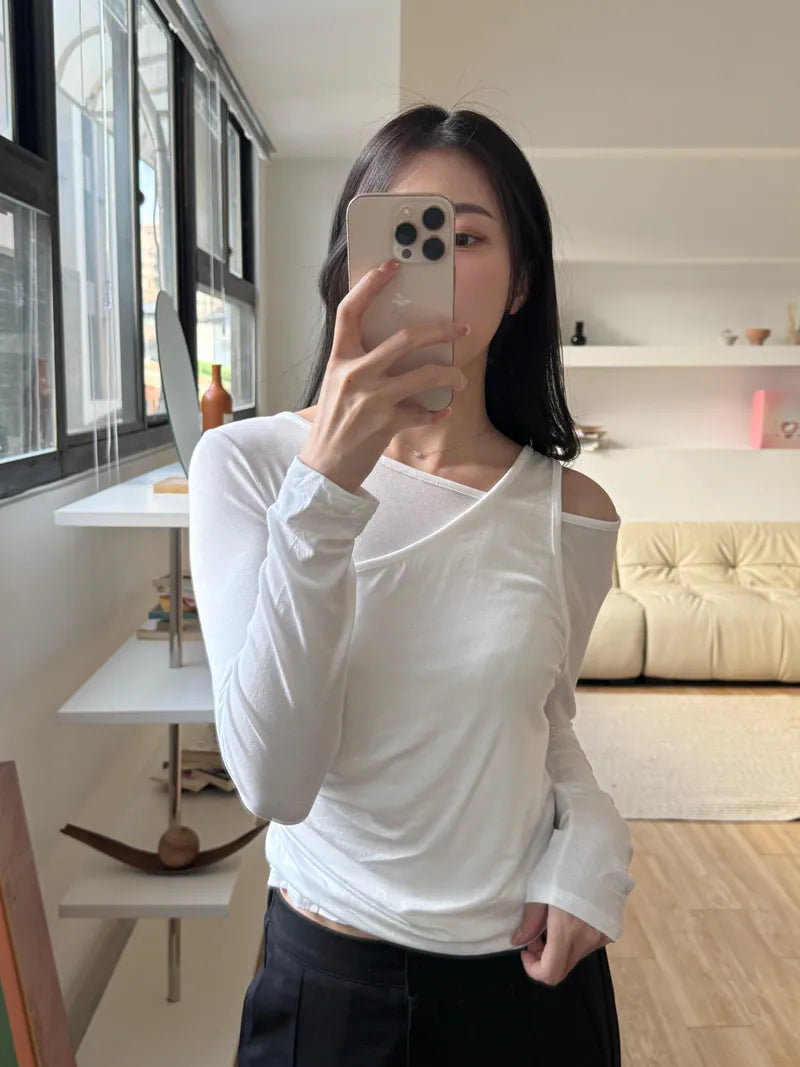 女神感單肩抓皺上衣 - 白