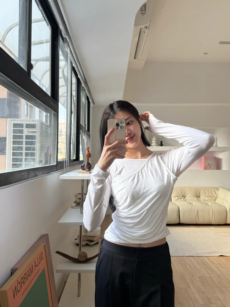 女神感單肩抓皺上衣 - 白