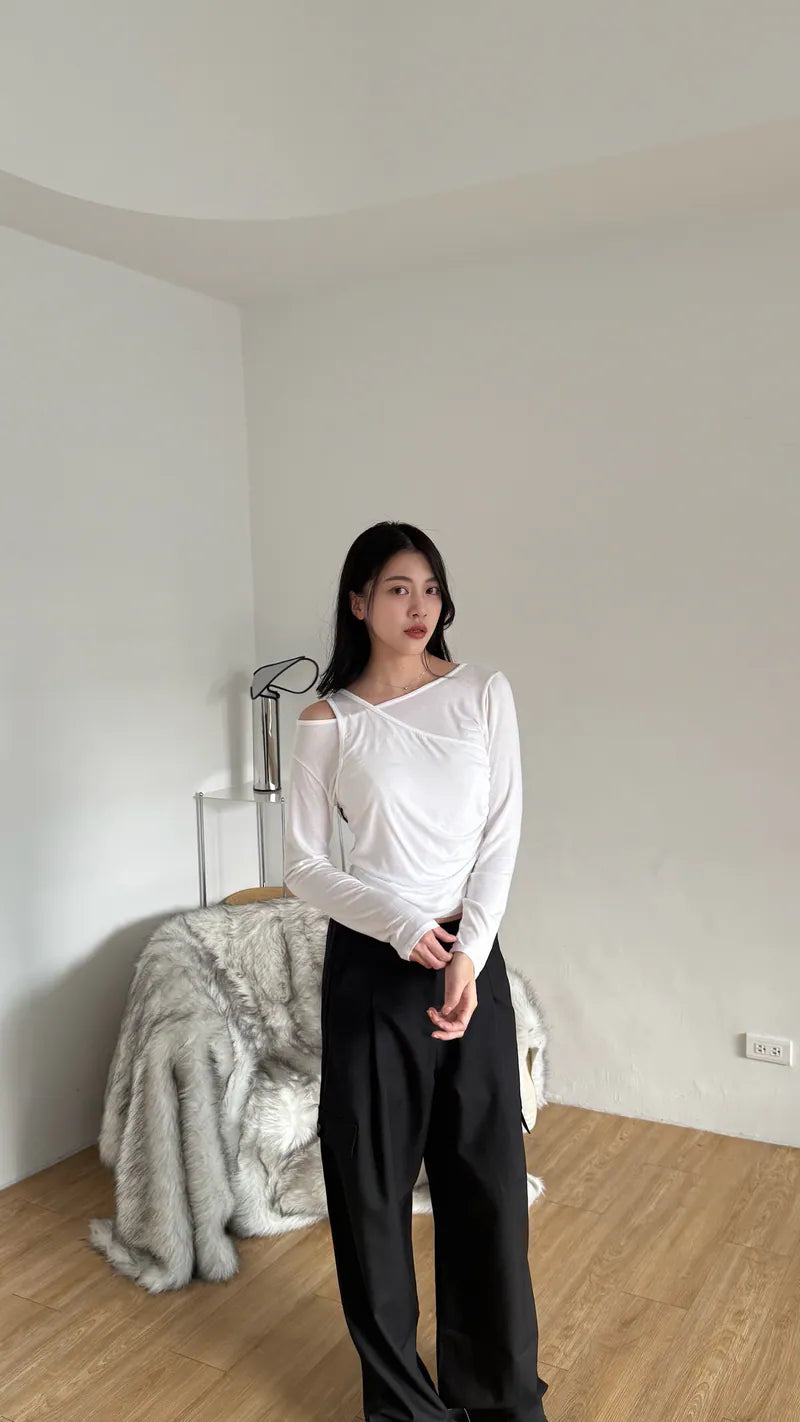 女神感單肩抓皺上衣 - 白