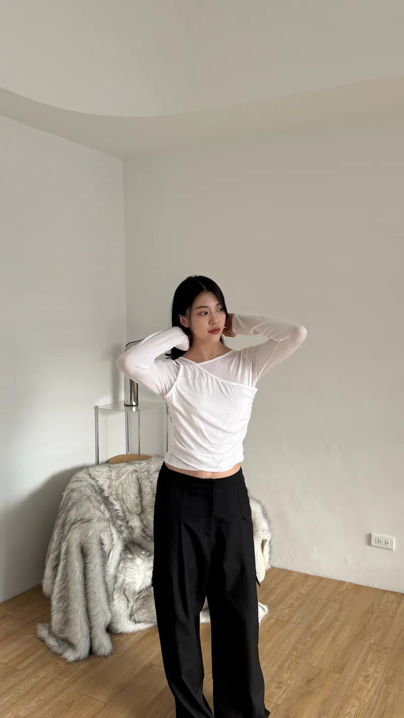 女神感單肩抓皺上衣 - 白