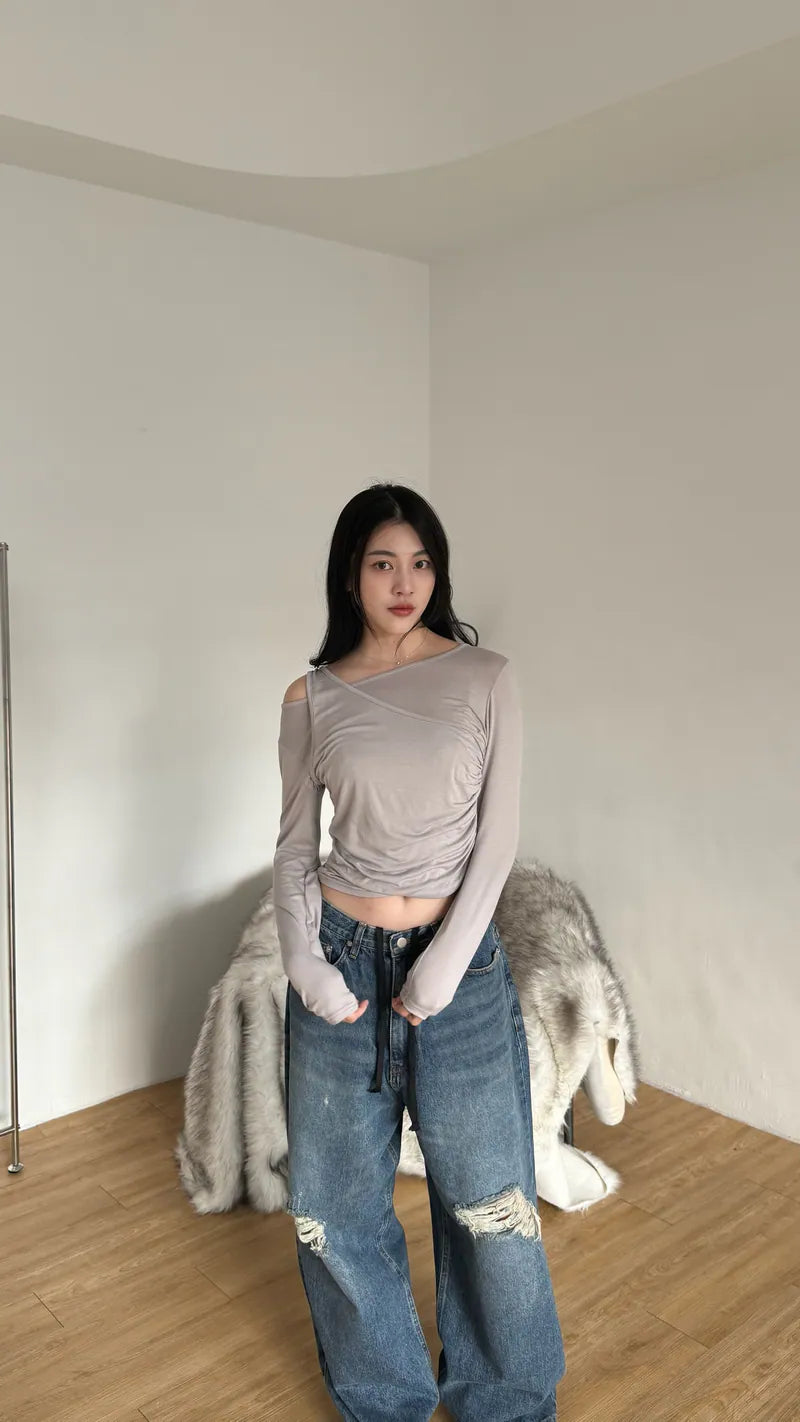 女神感單肩抓皺上衣 - 杏