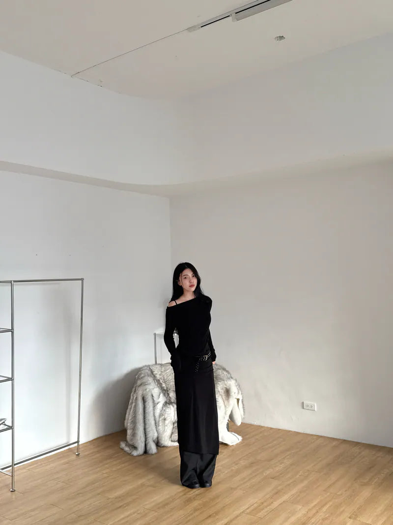 慵懶斜肩女人味洋裝 - 黑