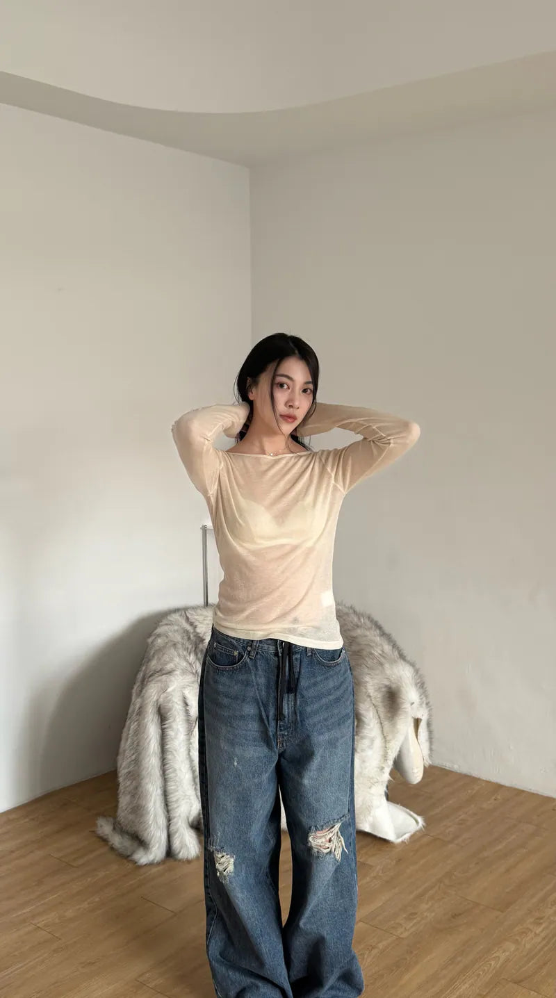 spring圓領打底上衣 - 奶油