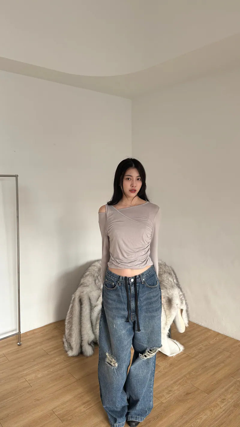 女神感單肩抓皺上衣 - 杏