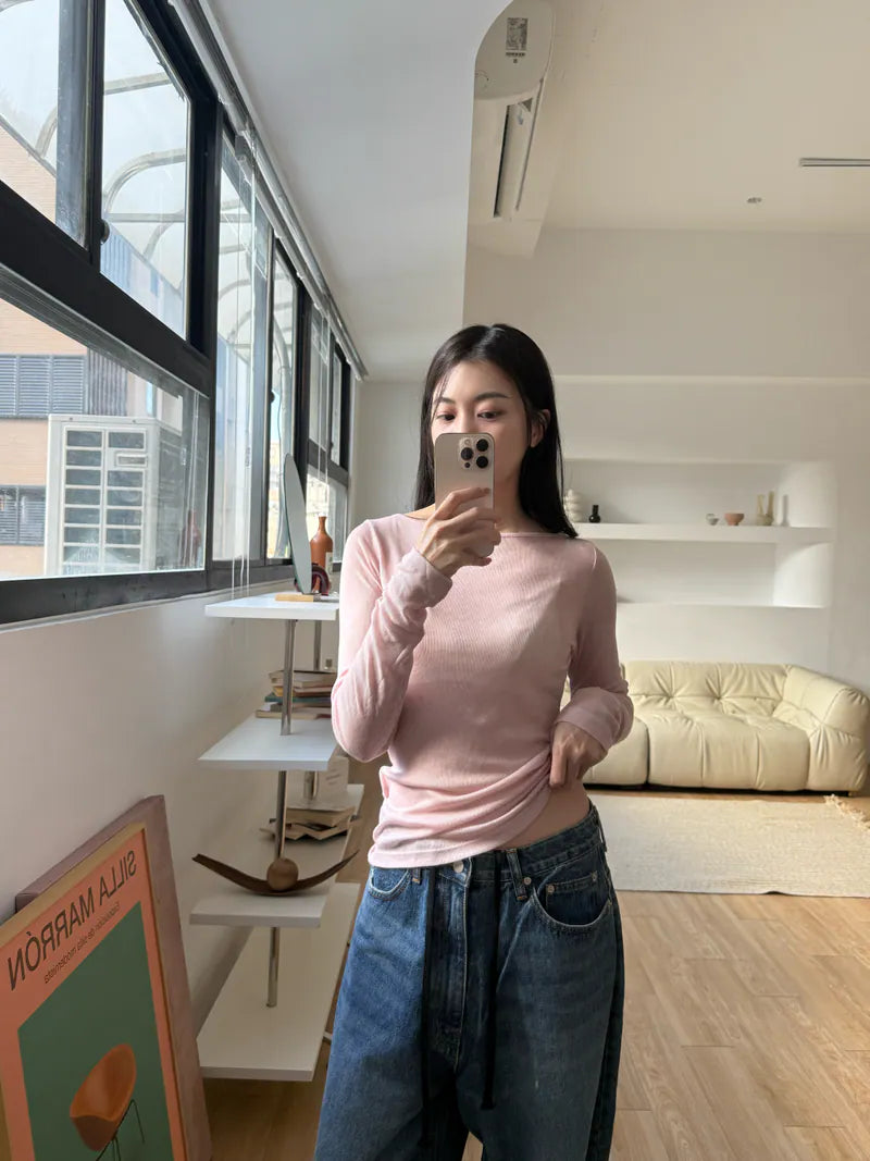 spring圓領打底上衣 - 淡粉