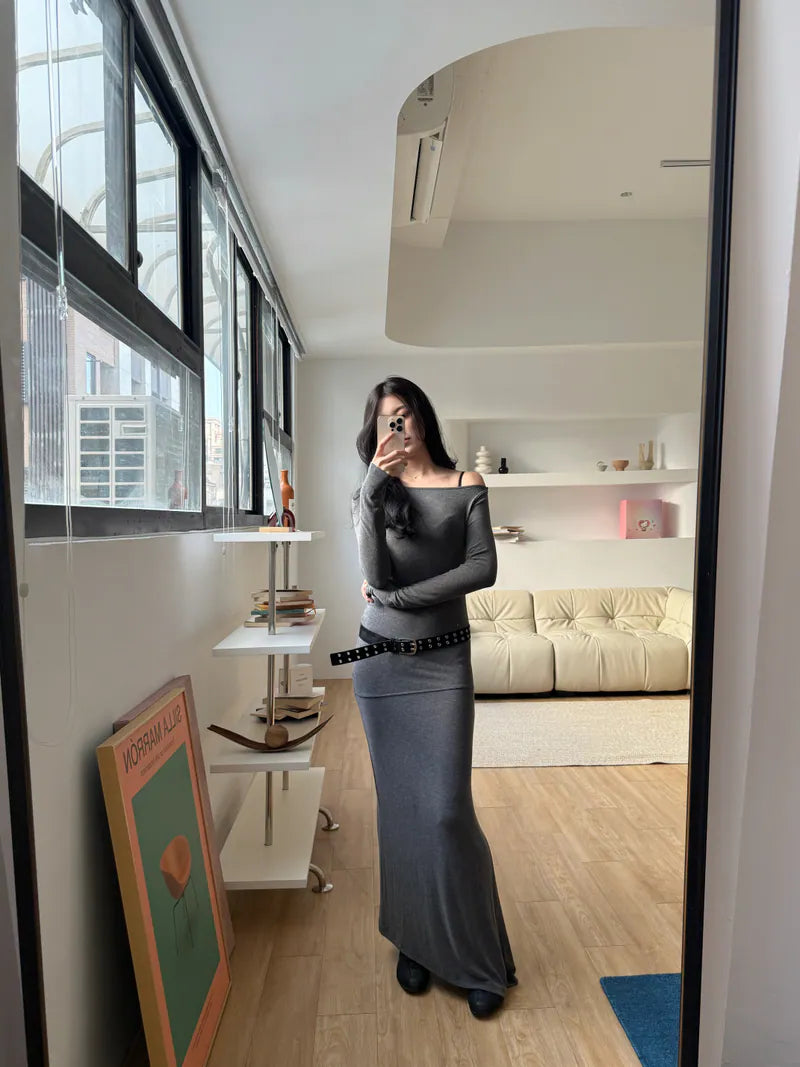 慵懶斜肩女人味洋裝 - 灰