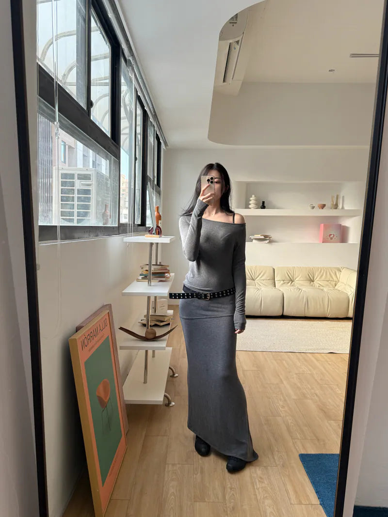 慵懶斜肩女人味洋裝 - 灰