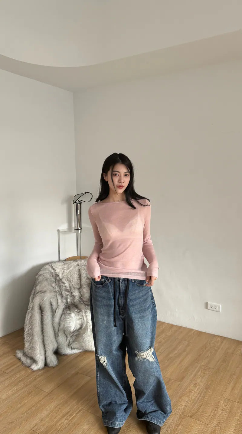 spring圓領打底上衣 - 淡粉