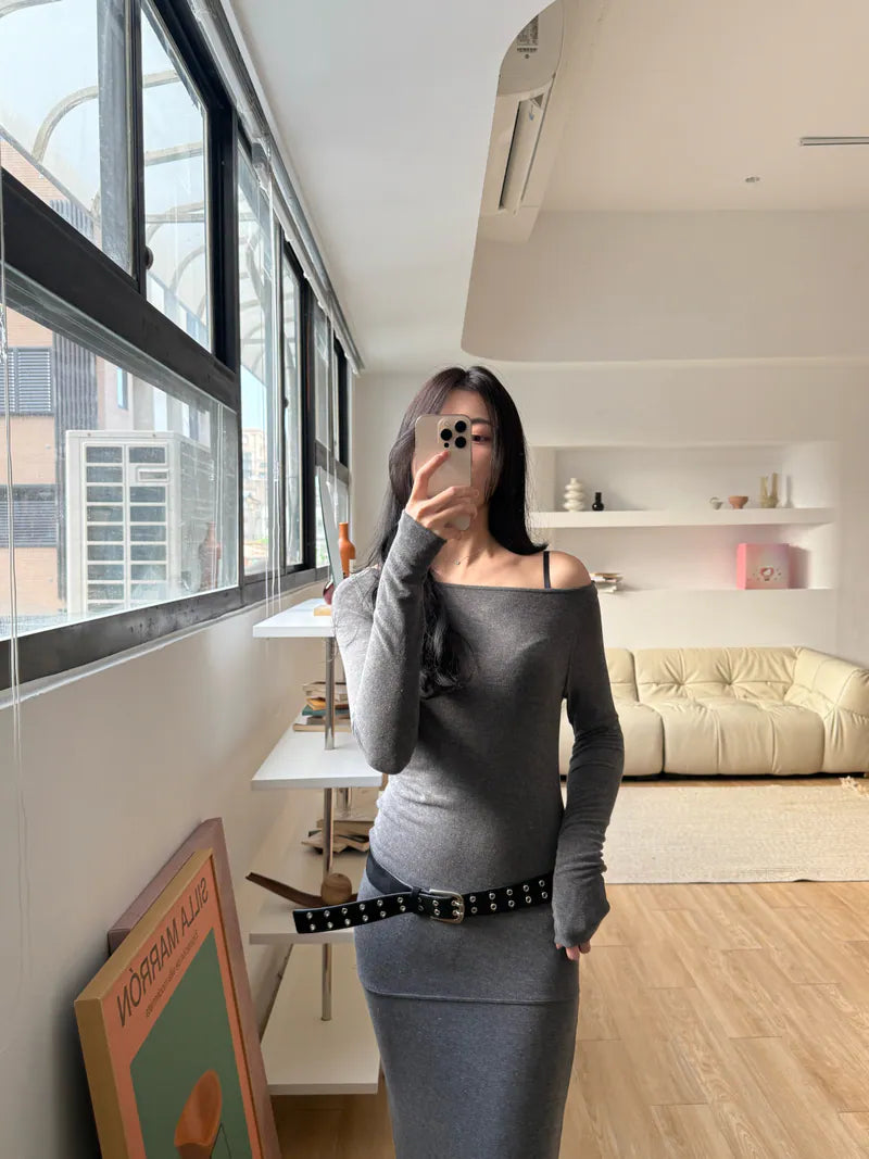 慵懶斜肩女人味洋裝 - 灰
