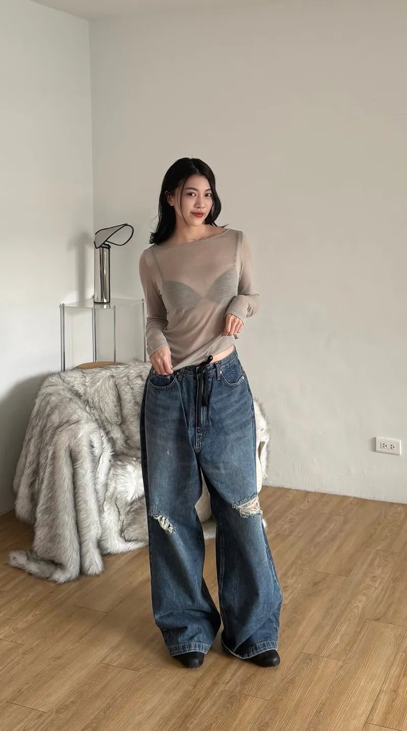 spring圓領打底上衣 -灰褐