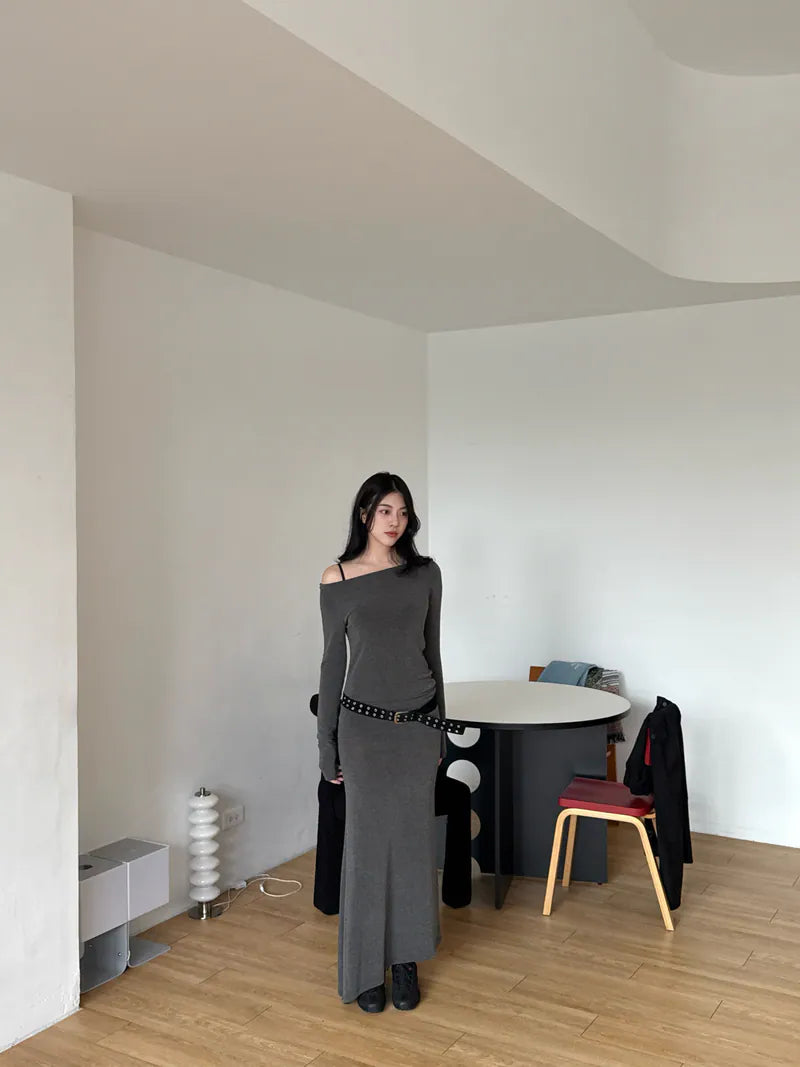 慵懶斜肩女人味洋裝 - 灰