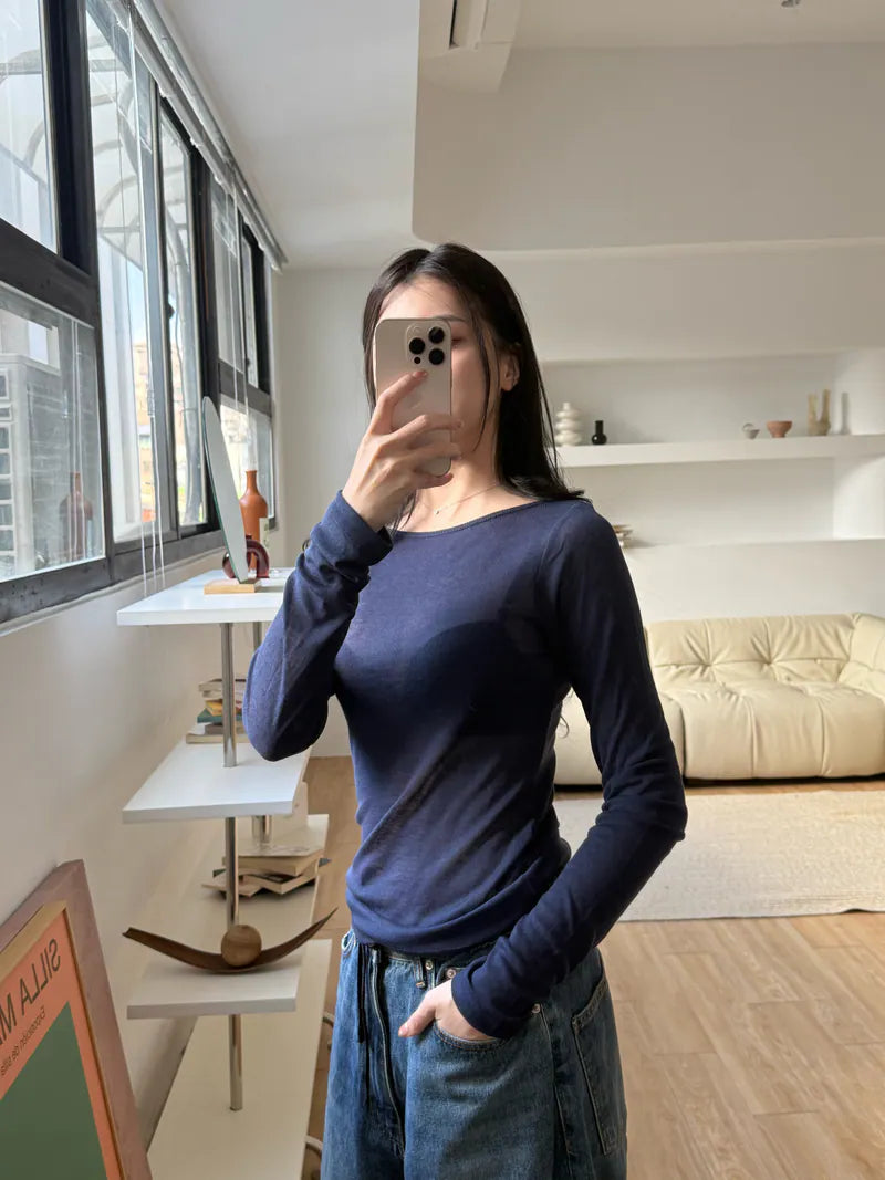 spring圓領打底上衣 -深藍