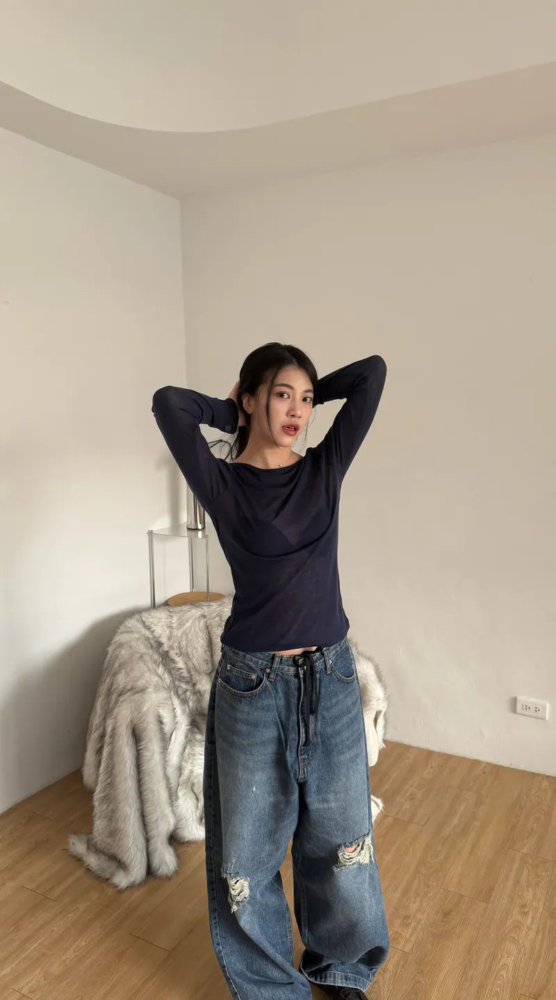 spring圓領打底上衣 -深藍