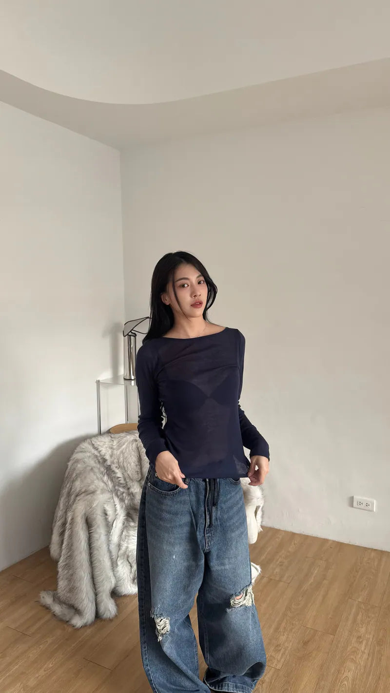 spring圓領打底上衣 -深藍