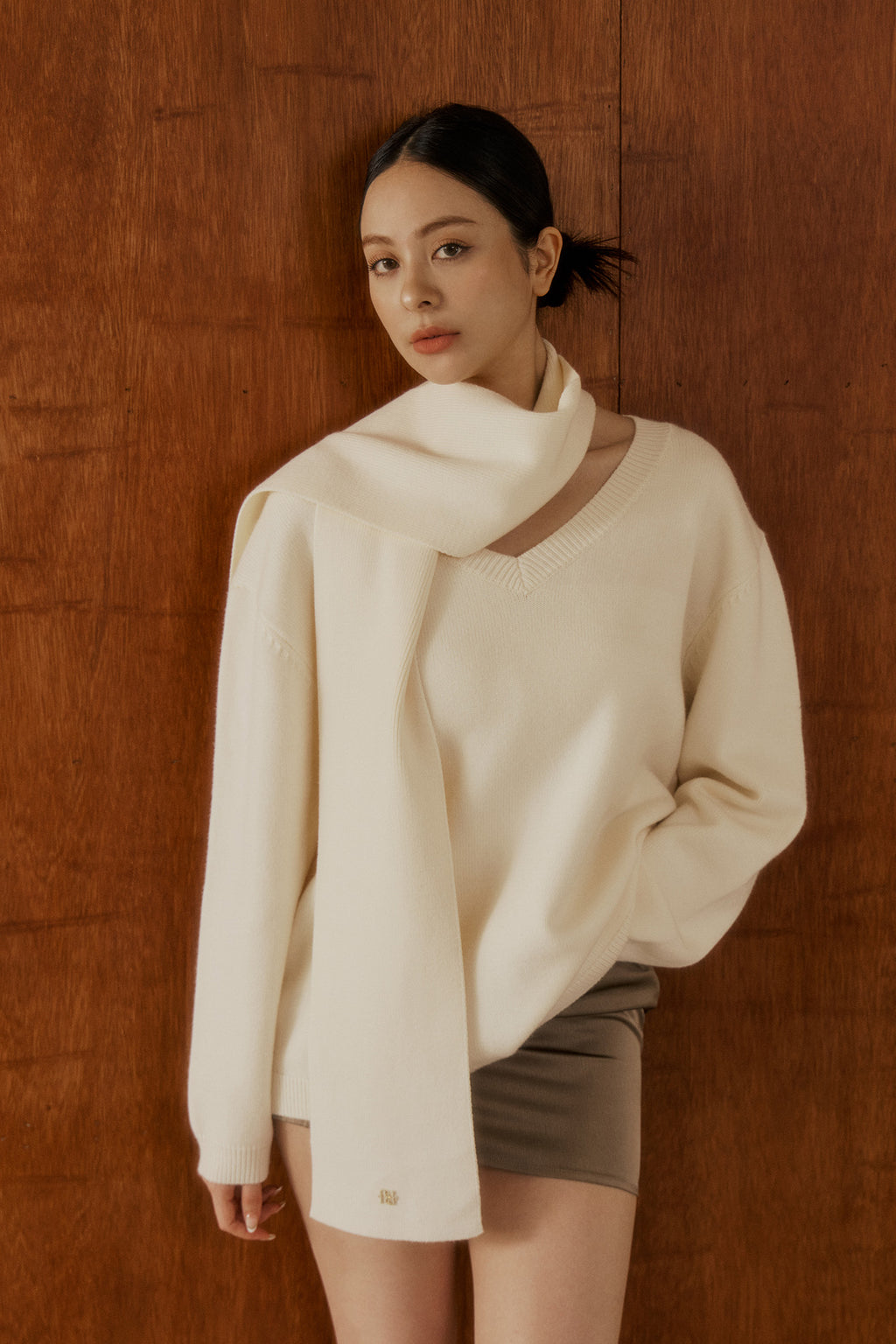 Comfy Scarf Sweater 老錢風毛衣圍巾套裝 -奶油白