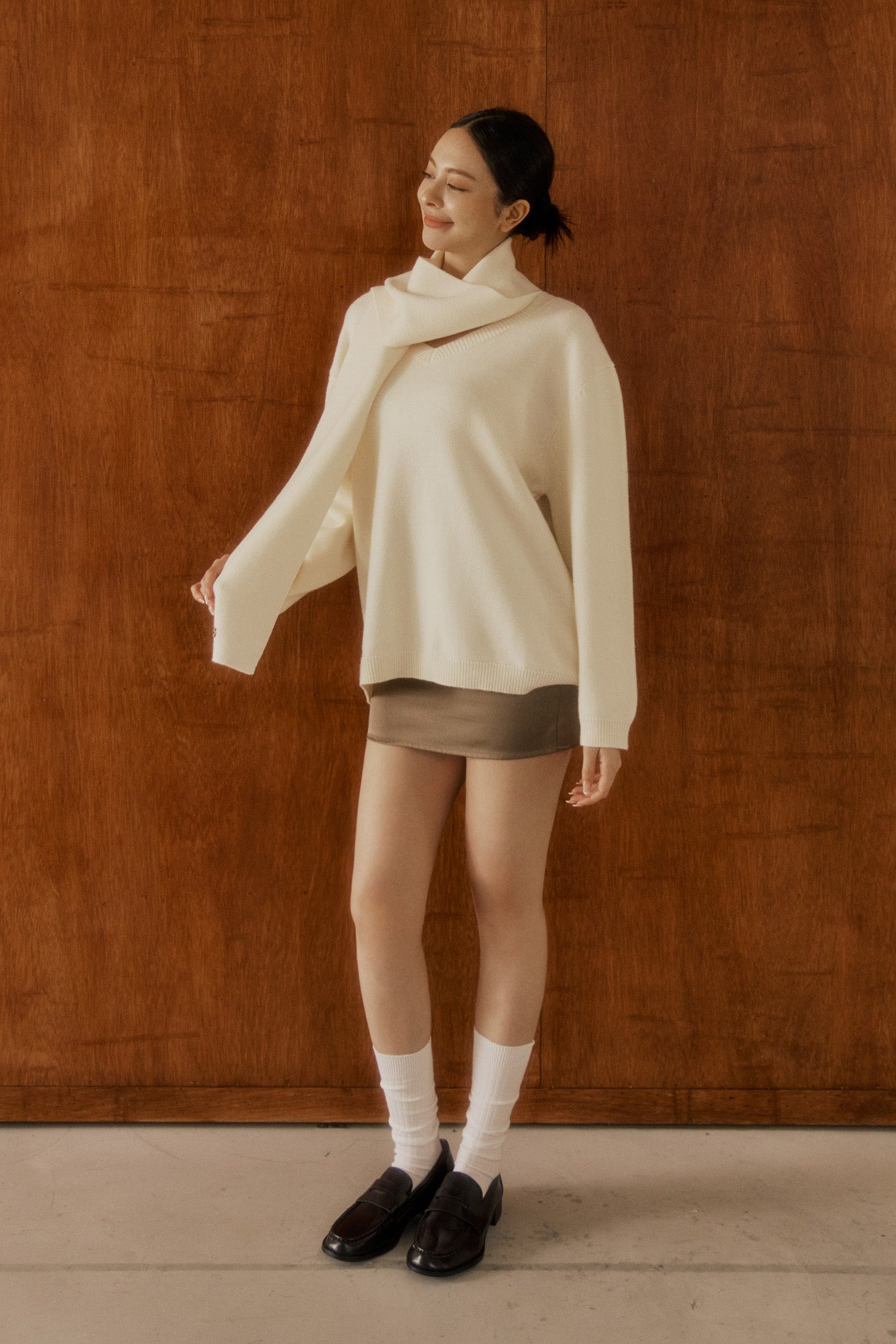 Comfy Scarf Sweater 老錢風毛衣圍巾套裝 -奶油白