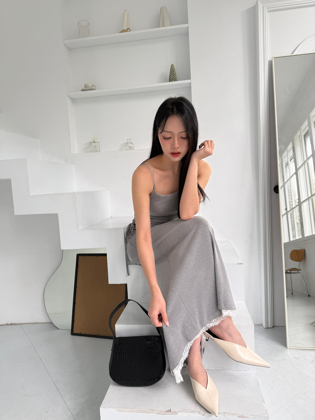 hua 可拆式蕾絲長裙 #grey