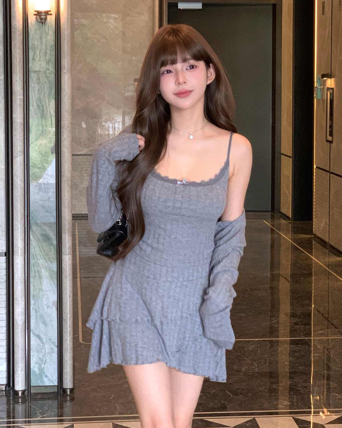 Yueh｜懶人套裝 - 純慾蕾絲遮副乳Bra top #灰