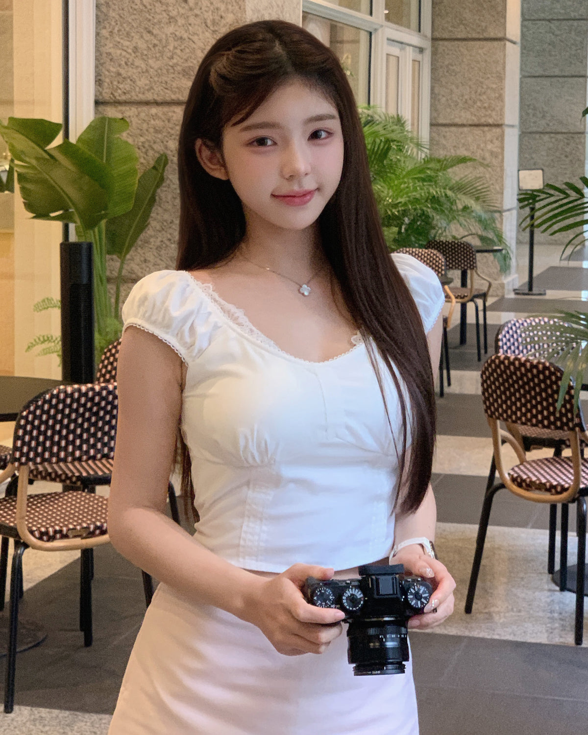 Yueh - 蕾絲美胸兩穿上衣 #白