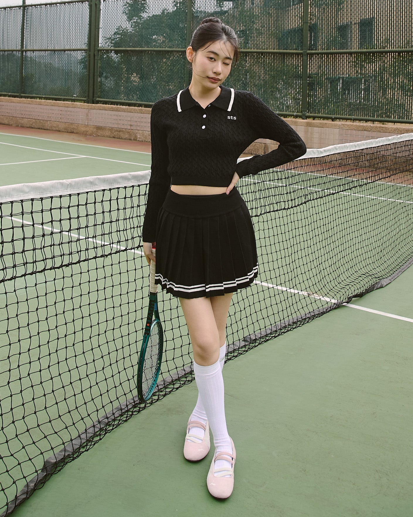 ' sts '  撞色針織百褶短裙(附打底褲)