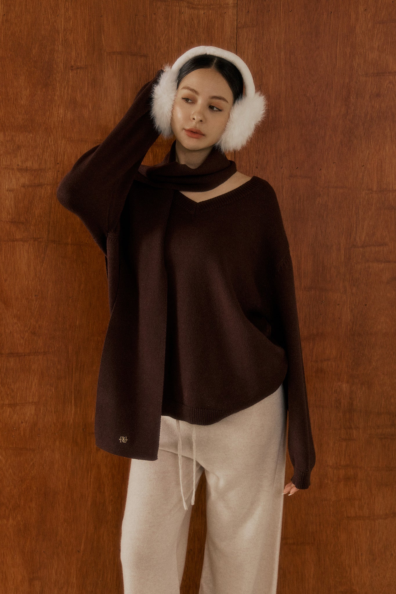 Comfy Scarf Sweater 老錢風毛衣圍巾套裝 -棕