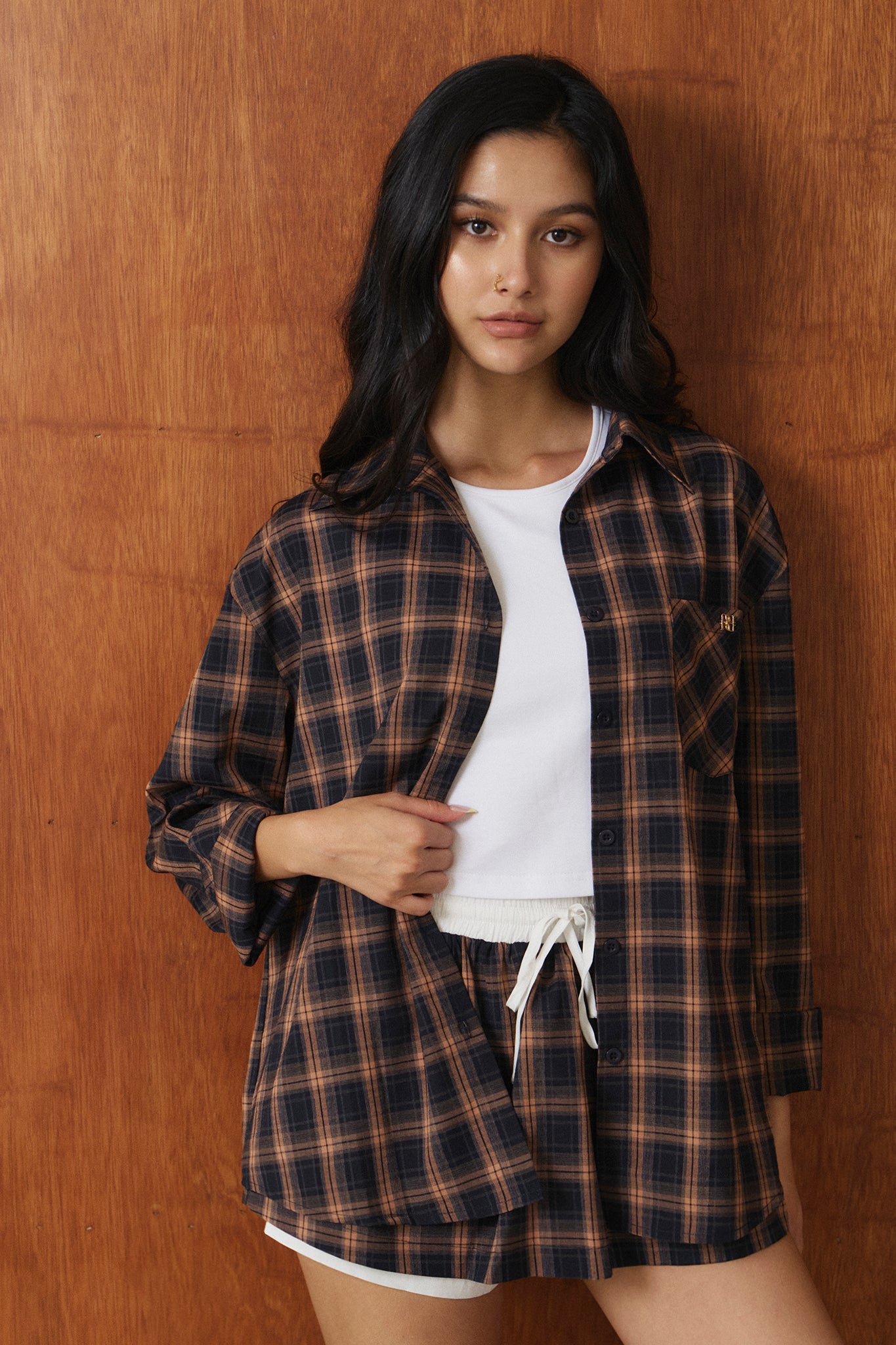 Out-plaid Shirt 甜辣書卷氣格紋襯衫 - 深藍橘