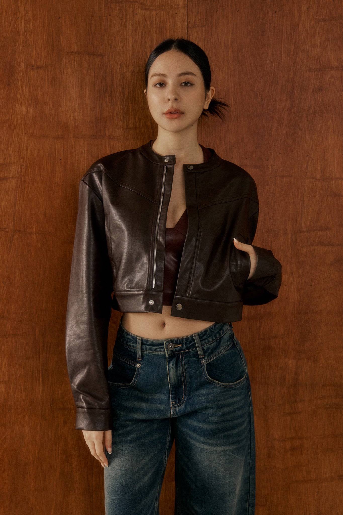 Speedy Faux Leather Jacket 短版立領皮外套 -深棕