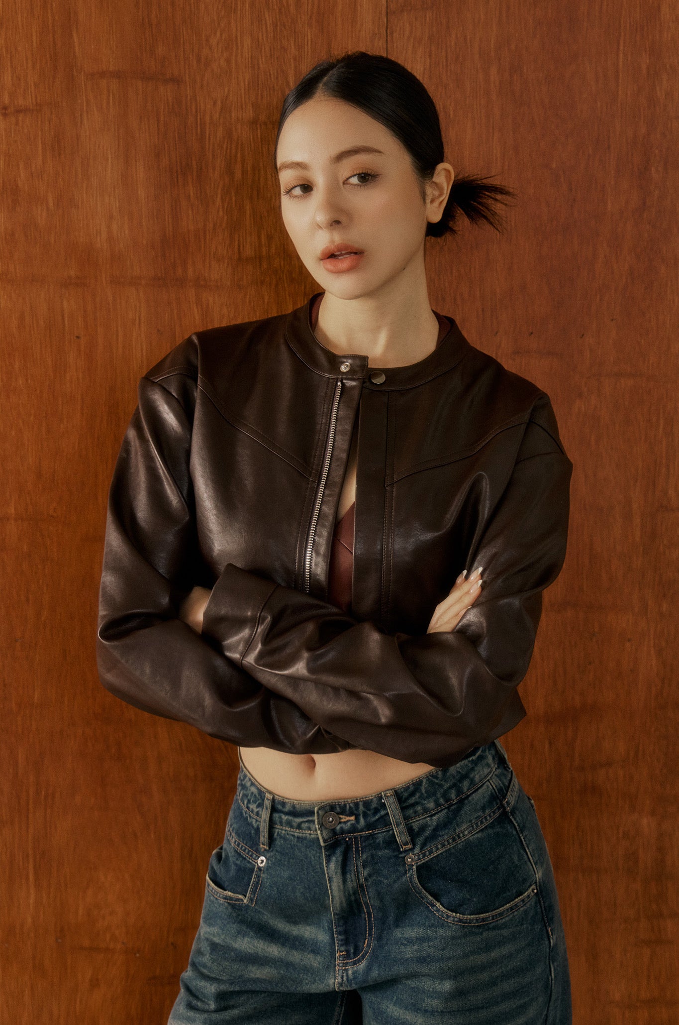 Speedy Faux Leather Jacket 短版立領皮外套 -深棕