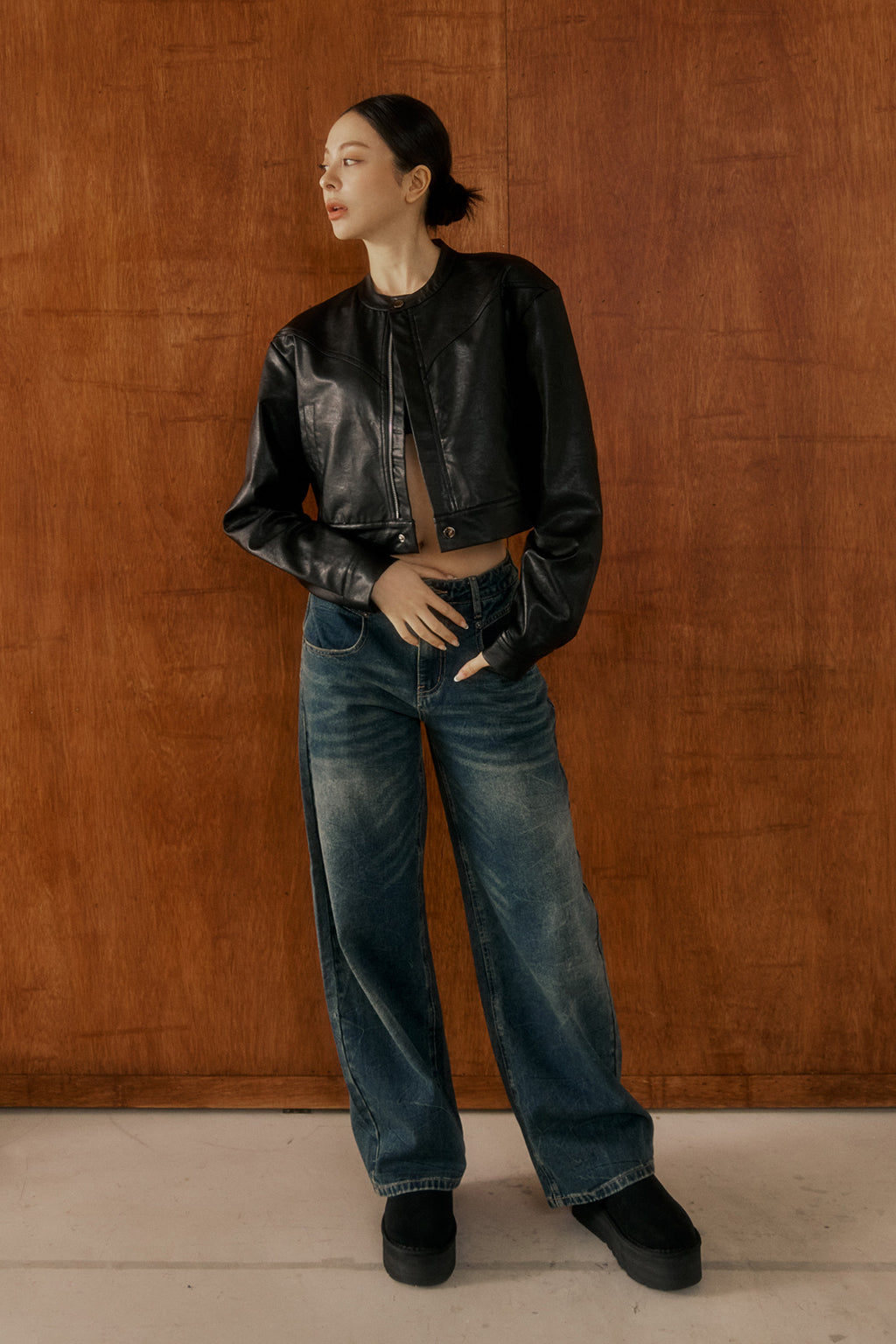 Speedy Faux Leather Jacket 短版立領皮外套 -黑