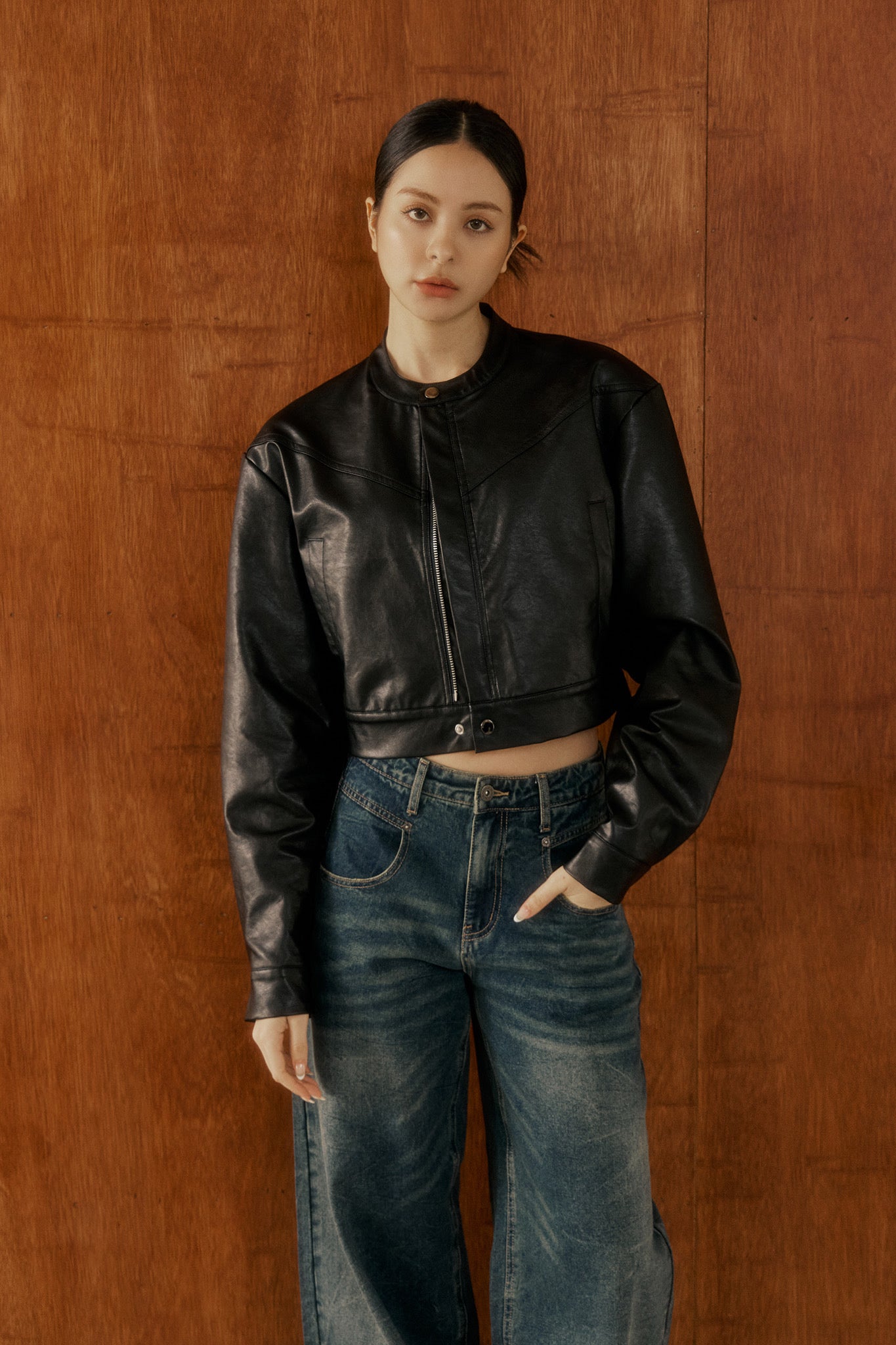 Speedy Faux Leather Jacket 短版立領皮外套 -黑