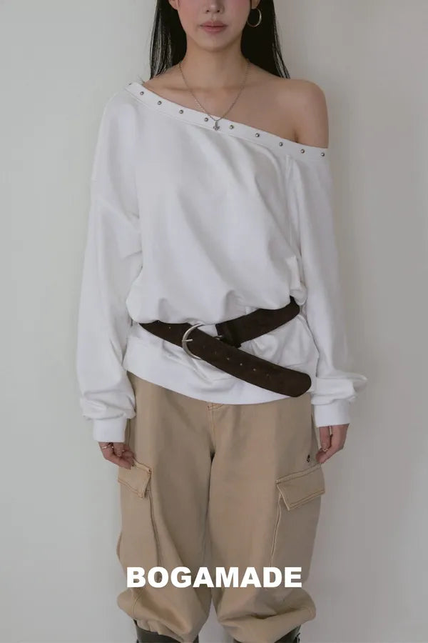 「BOGAMADE」鉚釘鬆弛斜肩上衣 - 白