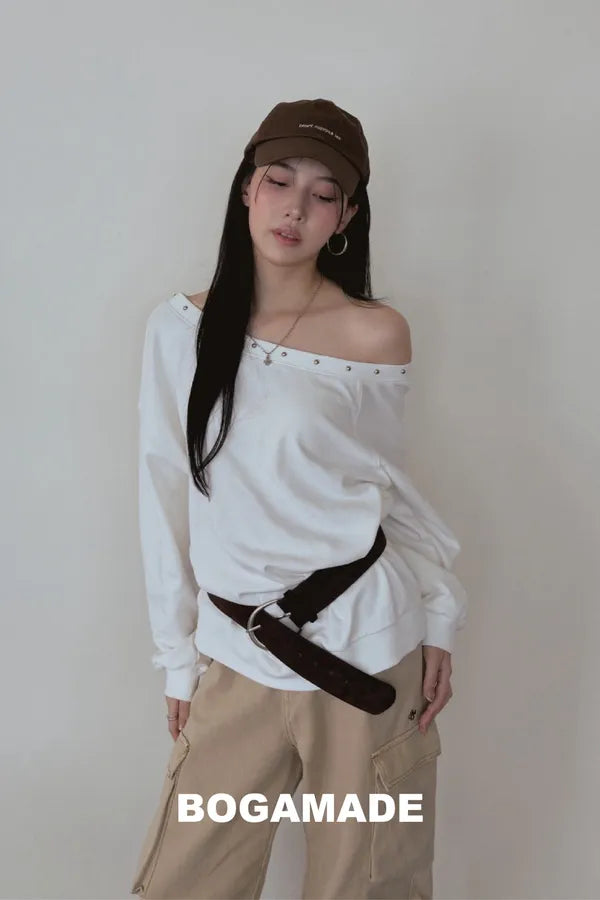 「BOGAMADE」鉚釘鬆弛斜肩上衣 - 白