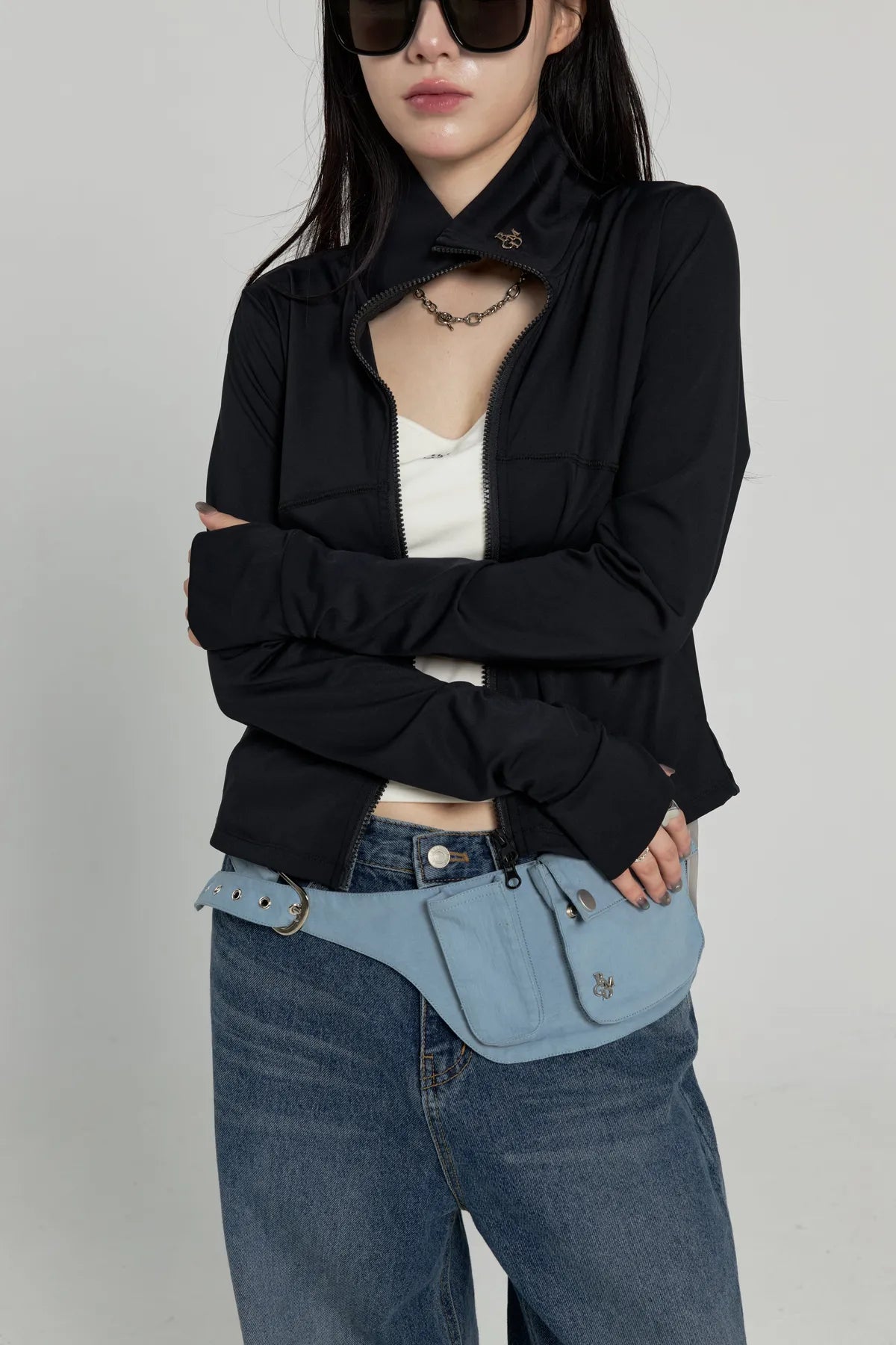 「BOGAMADE」立體感排扣腰包 - 淺藍