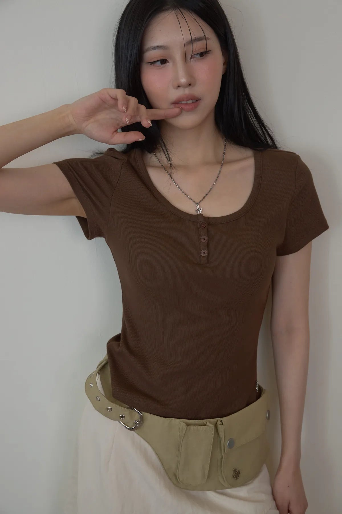 「BOGAMADE」彈性bra直角肩上衣 - 咖