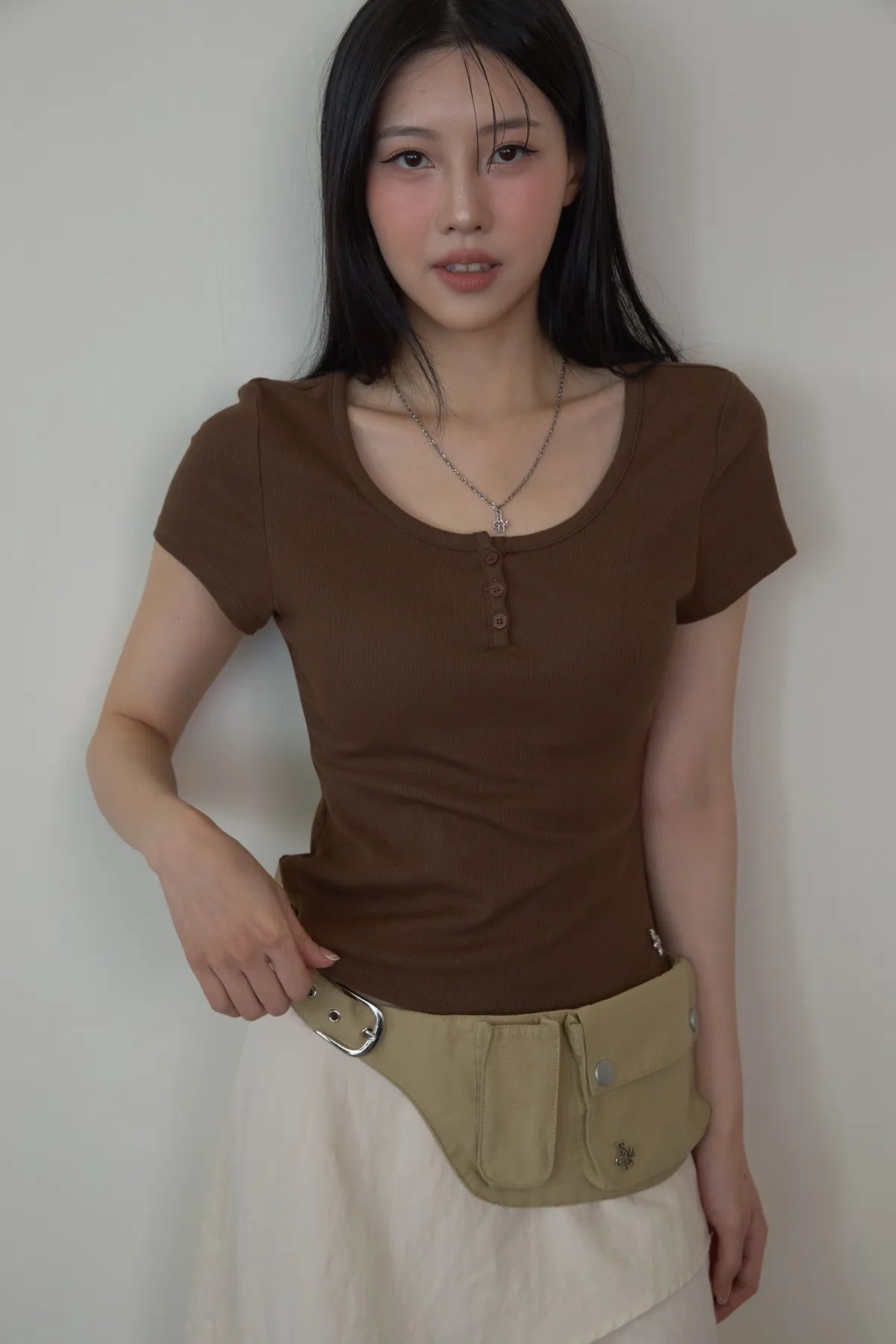 「BOGAMADE」彈性bra直角肩上衣 - 咖